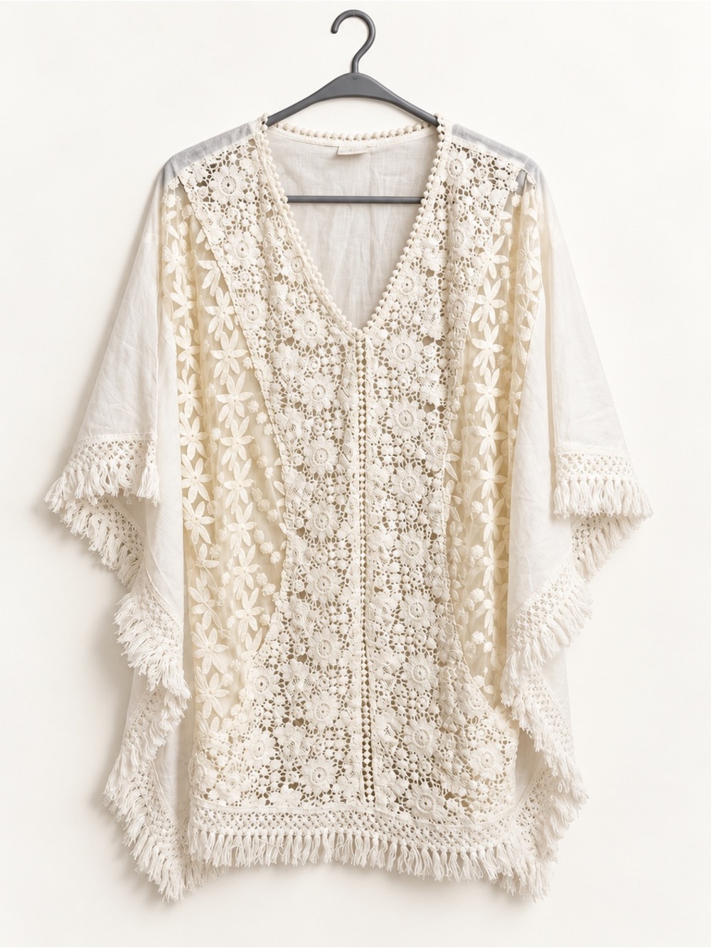 Ivory Floral Crochet & Fringe Poncho Cover-Up | One Size